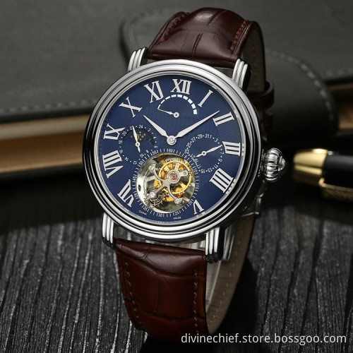 2016 New Arrival Functional Genuine Leather Men Tourbillon Mechanical Watch With Custom Logo